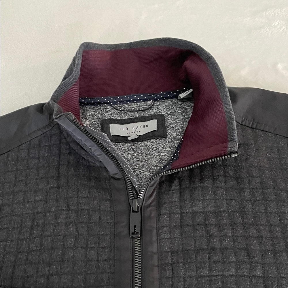 Ted Baker Charcoal Quilted Jacket with Burgundy Collar. Size 3 (Small)
